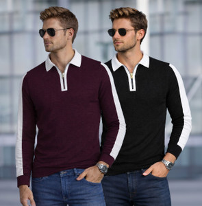 SCATCHITE Colorblock Men Zip Neck Maroon, Black T-Shirt
