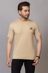 MOOSAKA Solid Men Round Neck Gold T-Shirt