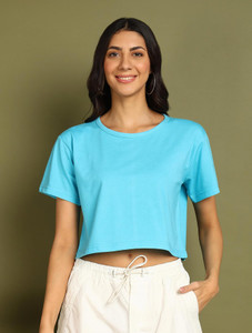 GLOBAL NOMAD Solid Women Round Neck Light Blue T-Shirt