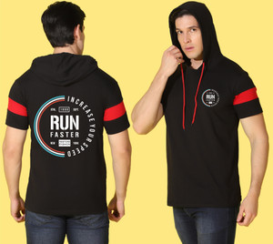 WOOSTRO Printed Men Hooded Neck Black T-Shirt