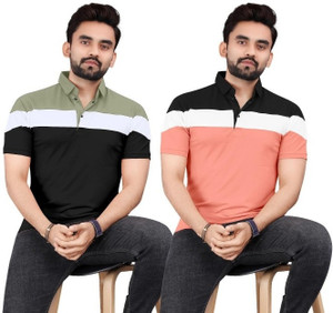 rggarment Colorblock Men Polo Neck Beige, Black T-Shirt