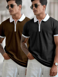 COMBRAIDED Self Design Men Polo Neck Multicolor T-Shirt