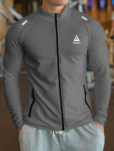 GARBLY Solid Men Zip Neck Grey T-Shirt
