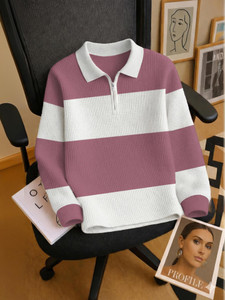 NOOK Striped, Self Design Men Polo Neck Pink T-Shirt