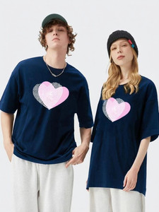 BEING WANTED Printed Couple Round Neck Dark Blue T-Shirt