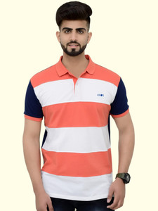 3BROS Striped Men Polo Neck Orange T-Shirt