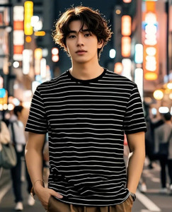 Smart Colors Striped Men Round Neck Black T-Shirt