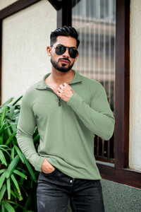 INDICLUB Solid Men Polo Neck Light Green T-Shirt