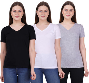 Fleximaa Solid Women V Neck Multicolor T-Shirt