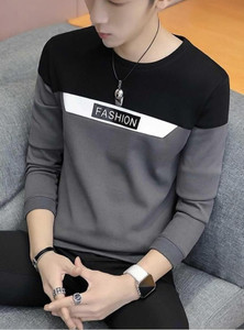 Try This Colorblock Men Round Neck Black, Grey T-Shirt