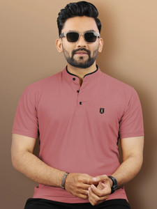 वेबनोर पुरुषों के लिए मैन्डरिन कॉलर सॉलिड गुलाबी टी-शर्ट