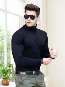Oosh Solid Men High Neck Black T-Shirt