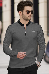 TRIPR Solid Men Mandarin Collar Grey, Black T-Shirt