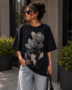 VIGON Floral Print Women Round Neck Black T-Shirt