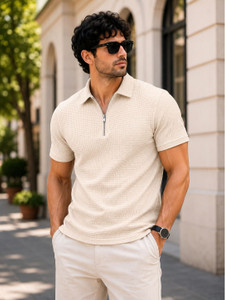COLORCHAKRA Self Design Men Polo Neck Beige T-Shirt