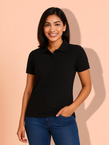 Fleximaa Solid Women Polo Neck Black T-Shirt