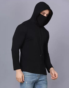 URE Enterprises Solid Men Hooded Neck Black T-Shirt