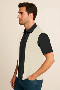 KAJARU Self Design Men Zip Neck Beige T-Shirt