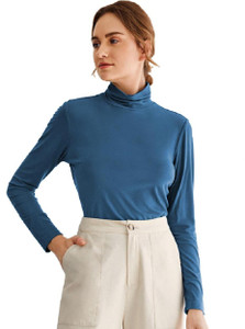 FashMind Self Design Women Turtle Neck Blue T-Shirt
