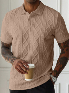 METRONAUT Self Design Men Polo Neck Beige T-Shirt