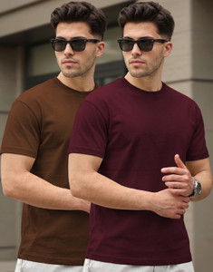 Viktor Solid Men Round Neck Brown, Maroon T-Shirt
