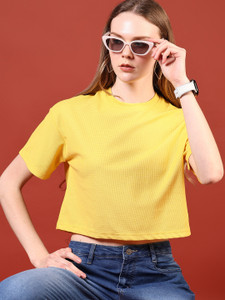 V-MART Self Design Women Round Neck Yellow T-Shirt