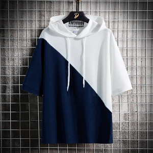 Try This Colorblock Men Hooded Neck White, Blue T-Shirt