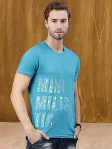 JOVEN Typography Men Round Neck Blue T-Shirt