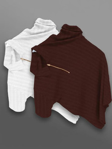 KAJARU Self Design Men Zip Neck Brown, White T-Shirt