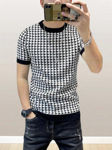 sti Striped Men Round Neck White, Black T-Shirt