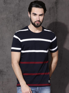 Roadster Striped Men Round Neck Dark Blue T-Shirt