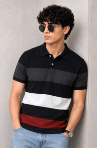 TB Blue Striped Men Polo Neck Black, Red T-Shirt