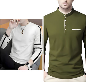 Meetri Printed, Solid Men Mandarin Collar White, Dark Green T-Shirt