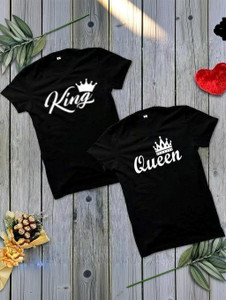 REYBAQ Printed, Typography Couple Round Neck Black T-Shirt