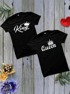 REYBAQ Printed, Typography Couple Round Neck Black T-Shirt