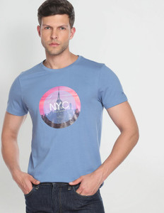 Arrow Sport Printed Men Round Neck Blue T-Shirt