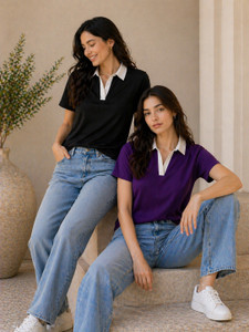 Adyavastram Solid Women Polo Neck Black, Purple T-Shirt