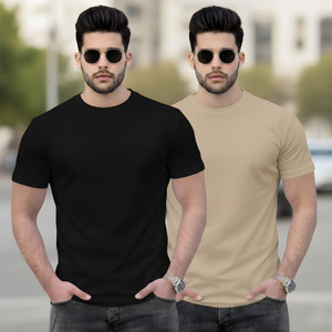 PEAK MOUNT INTERNATIONAL Solid Men Round Neck Black, Beige T-Shirt