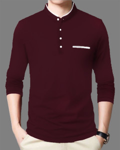 Bike Solid Men Mandarin Collar Maroon T-Shirt