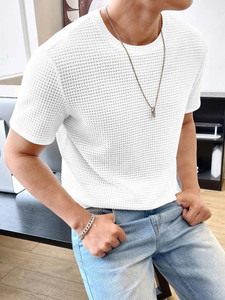 Jump Cuts Self Design Men Round Neck White T-Shirt