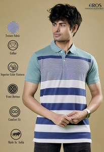 3BROS Striped Men Polo Neck Green T-Shirt