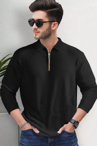 TRIPR Solid Men Polo Neck Black T-Shirt