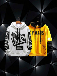 Kay Dee Printed Men Hooded Neck White, Yellow T-Shirt