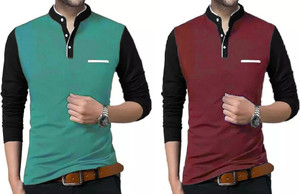 Vescor Design Solid Men Mandarin Collar Light Green, Maroon T-Shirt
