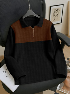 KAJARU Colorblock Men Zip Neck Brown, Black T-Shirt