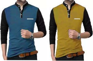 PSDESIGN Solid Men Mandarin Collar Blue, Yellow T-Shirt