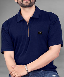 WeReKo Self Design Men Zip Neck Navy Blue T-Shirt