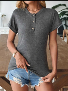 Nilan Tees Wear Solid Women Henley Neck Grey T-Shirt