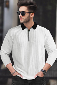 TRIPR Self Design Men Polo Neck White, Black T-Shirt