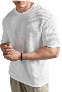 NetClick Self Design Men Round Neck White T-Shirt